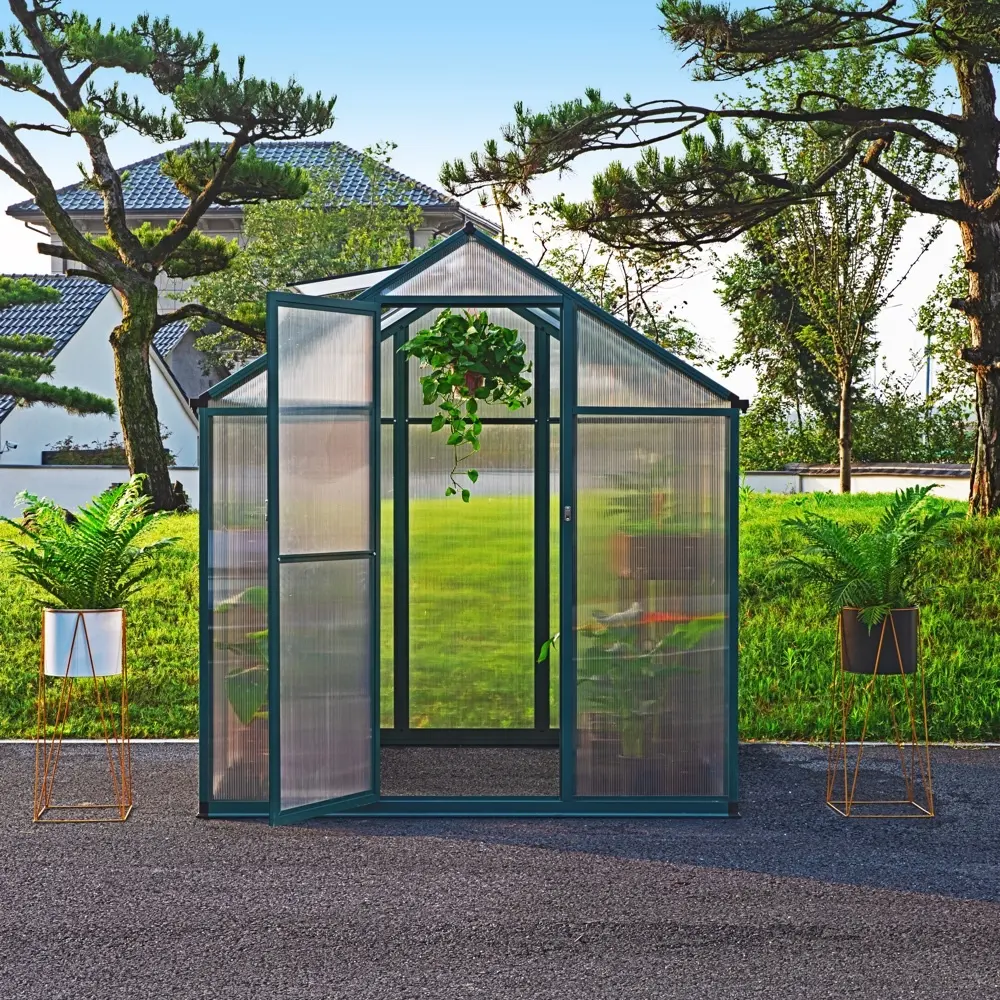 Paseo de verduras transparente en paneles de luz solar de policarbonato de aluminio Puerta corredera de jardín Invernadero moderno