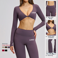Haut court extensible à manches longues et pantalon de yoga évasé pour femme, tenue de sport et de fitness