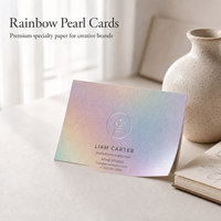 Cartes de visite miroir personnalisées en papier nacré arc-en-ciel avec logo en feuille d'argent, holographiques irisées pour les arts créatifs et les marques de mode