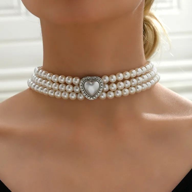 SY-139 wanita buatan tangan kalung berlapis perhiasan leher mode Multi 3 lapisan putih Hati berlian mutiara Choker