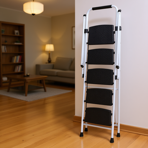 Escalera de Acero Portátil de 5 Peldaños, Capacidad de 300 Libras, Peldaños Anchos Antideslizantes, Asa de Seguridad, Ligera, Color Blanco - Product Image 2