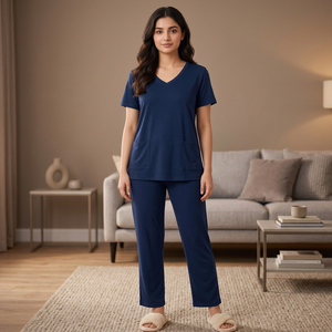 Women Navy Blue V-Neck Short Sleeve Casual <b>Pajama</b> Set Knitted Cotton Soft Full Length Elastic Waist Machine-Washable Sleepwear - Product Image 2