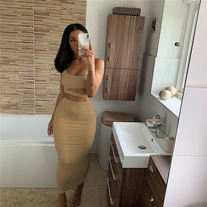 Women <strong>Dresses</strong> Strapless Hollow Out Crop <strong>Top</strong> High Waist <strong>Elastic</strong> Skinny Long Skirts Two Pieces Set Girl Outfit Summer <strong>Dress</strong> S0381 - Product Image 3