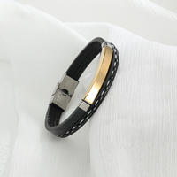 Bracelet Homme Personnalisé en Cuir PU Tressé Gravé, Simple, Trois Couleurs, Acier Inoxydable Courbé, Style Hip-hop, pour Dropshipping
