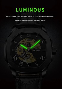 Montre mécanique automatique pour homme KINYUED, boîtier doré, bracelet en cuir, cadran squelette ajouré, double fuseau horaire, luxe, mode, vente en gros - Product Image 5