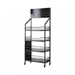 Rolling Snack Display Rack With Pegboard 4-Tier Mobile Retail <b>Shelf</b> Wire Basket Organizer For Commercial Shop Boutique Metal - Product Image 1