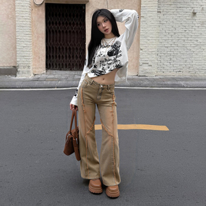 Jean délavé à bords bruts taille basse coupe droite ample en denim pour femme style Y2K vintage décontracté - Product Image 2