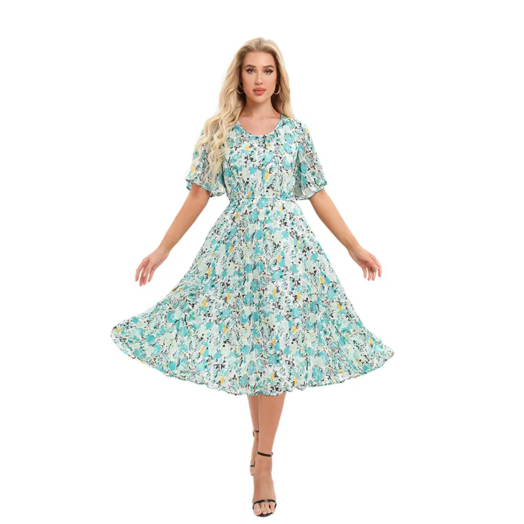 Woman's Summer Crew Neck Short Sleeve Floral Printed Stripe Chiffon With Lurex Casual Long Fit and Flare Dress With Lining