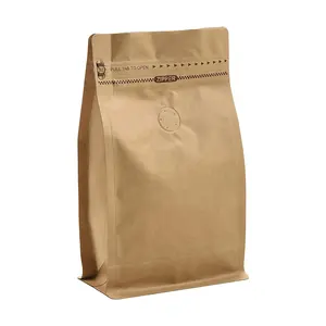 340g 12oz 0.75lb alta barreira Kraft papel café sacos fundo plano café malote com válvula de liberação de ar e puxar Tab lado zíper