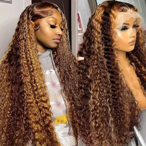 13x4 HD Lace Frontal Honey Blonde Wig Deep Water Wave Glueless Wigs 4/27 Highlight Curly Human Hair Wigs 30 32 34 Inch