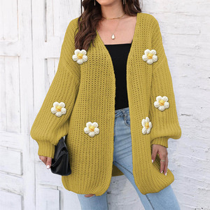 Promociones Calientes Otoño Cárdigan Holgado de Mujer Coreano de Poliéster con Diseño de Ciervo de Peluche, <span class=keywords><strong>Tejido</strong></span>, Manga Regular, Cuello en V y Flores de Ganchillo - Product Image 4