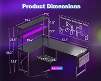 Escritorio para juegos con luz LED y toma de corriente, bolsa de almacenamiento y gancho para escritorio de computadora en forma de L reversible de 53 ", negro