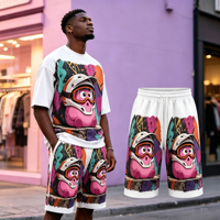 Nouvelle conception, ensemble de survêtement pour homme grande taille, imprimé cartoon, manches courtes, 2 pièces, coton, été, décontracté, sport, taille plus 5XL