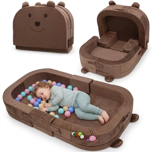 Sofá de suelo convertible 2 en 1 con forma de oso y cama de viaje para niños pequeños con correas para los hombros y funda de terciopelo extraíble y lavable - Product Image 1