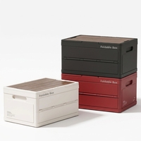 Boîte de rangement en plastique empilable et pliable avec couvercle en bois et poignée, portable pour le camping, les pique-niques en extérieur, organisateur de table, caisse, bac pour coffre de voiture