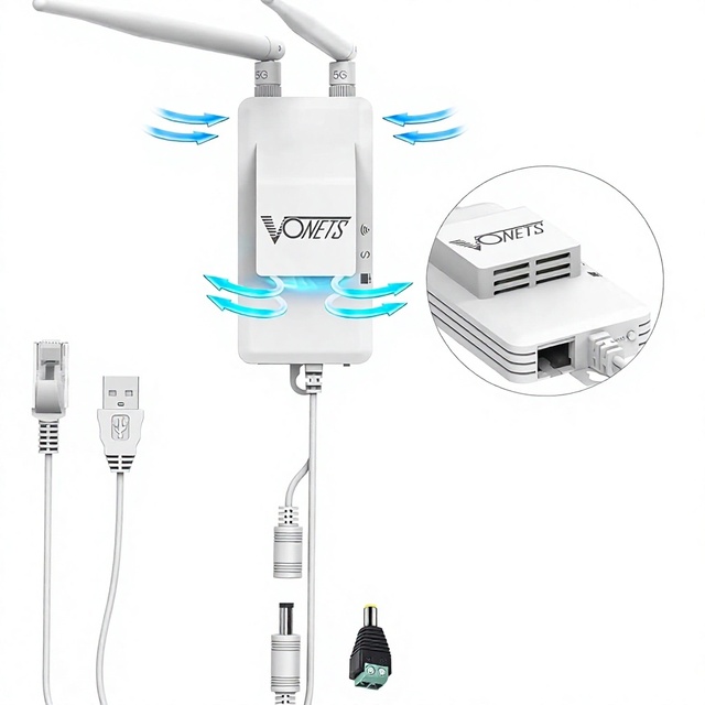 VONETS VAP11S-5G Industrial 5GHz 802.11ac WiFi Bridge Repeater Ethernet Splitter with RJ45 1 Male 2 Female LAN Ports Cat5 Cable
