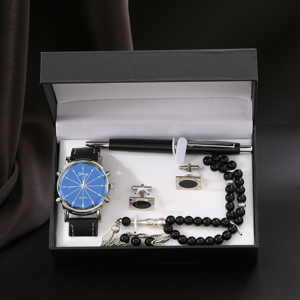 M025 juego de gemelos de bolígrafo con cuentas de reloj negro, caja de regalo de madera