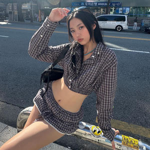 <b>Women</b> Plaid Crop Top and Mini Skirt Set Lace Trim Slim Fit Long Sleeve Top Street Style <b>Sexy</b> Two Piece <b>Outfit</b> - Product Image 6