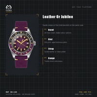 Montre de plongée personnalisée avec bracelet en cuir, verre saphir, acier chirurgical, aiguilles lumineuses, lunette 24 heures, montres mécaniques d'exposition
