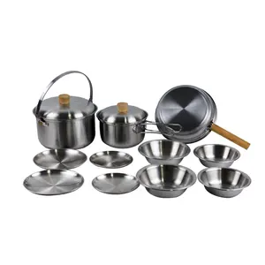 13pcs Camping Cozinha Cozinhar Utensílio Ware Pot Set Aço Inoxidável 201 Conjuntos De Panelas Para Cozinhar Ao Ar Livre Set