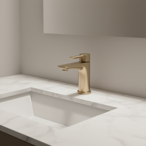 Grifo de Lavabo Moderno de un Solo Control, Acabado Oro Cepillado, Válvula Cerámica, Latón, Diseño Minimalista, 22.8 Pulgadas de Alto - Product Image 2