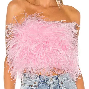 Wholesale Strapless Sleeveless Tube Tops Bustier Ostrich Feather Bra Corset Wraps Real Fluffy Ostrich Feather Top Women