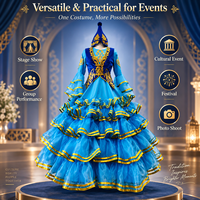 Costume de scène ethnique bleu professionnel pour femmes, robe de danse folklorique à plusieurs couches et volants avec broderie dorée