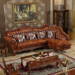 Nuovo Divano in Vera Pelle Stile Europeo, Set di Lusso per Soggiorno con Angolo in Legno Massello, Design Retrò Americano di Alta Gamma - Product Image 4