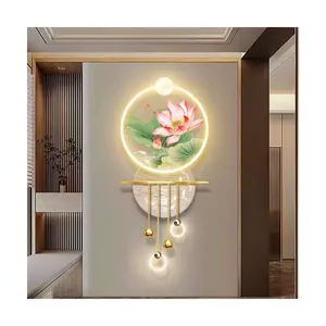 2024 Luxury Newest LED Lotus 3D home wall decoration with artificial tree Metal art acrylic Light landscape flower paintings