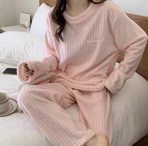 Women Autumn Winter Sleepwear Suit Long Sleeve O-neck Pullover + Long <strong>Wide</strong> <strong>Leg</strong> Pants Lady Casual Fleece Warm Pajamas - Product Image 3