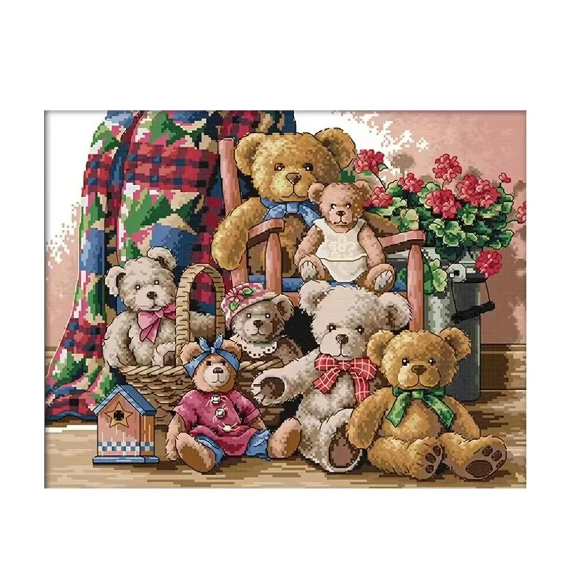 Famiglia moderna minimalista e bella bambola di stoffa a punto croce orso dei cartoni animati ricamato in pieno paesaggio verticale dipinto
