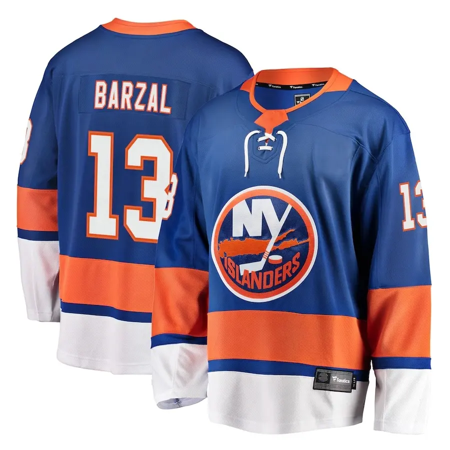 Camiseta de Hockey sobre hielo personalizada para hombres, uniforme del Equipo REAL cosido de los isleños de Nueva York #13 Barzal #27 Lee #18 Beauvillier, venta al por mayor