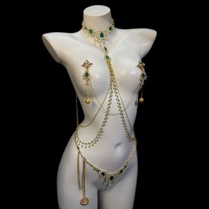 Cadena Corporal Dorada Sexy con Pinzas para Pezones de Esmeralda, Collar de Pedrería, Arnés Exótico, Cinturón de Cintura, Juguete Sexual para Adultos - Product Image 1