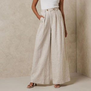 Basso MOQ Logo personalizzato di alta qualità tinta unita <span class=keywords><strong>Beige</strong></span> vestibilità ampia <span class=keywords><strong>pantaloni</strong></span> da donna a gamba larga in <span class=keywords><strong>lino</strong></span> di cotone pieghettato - Product Image 1