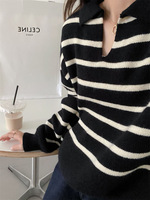 Automne/hiver pull décontracté ample pour femmes rayé tricoté pour chandails à col polo col en v chaud et confortable