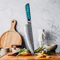 Couteau de chef en acier Damas de 8 pouces, 129 couches, ultra-affûté, couteau de chef moderne en acier Damas, pour la cuisine, avec manche en résine bleue