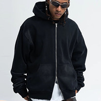 Sweat-shirt à capuche gris pour homme, entièrement zippé, en coton épais, coupe oversize, couleur unie, doublure polaire, décontracté