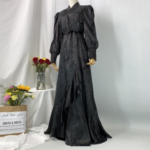 Fashion Modest Women Muslim <b>Dress</b> V-Neck Pleated Design Pretty Flowers Print Satin Islamic Turkey <b>Dress</b> 6572# - Product Image 4