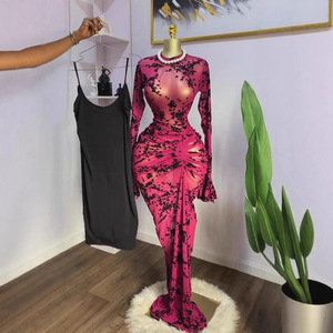 Ensemble robe longue en maille transparente 2 pièces pour femme, robe moulante à manches longues à imprimé floral avec fronces, tendance - Product Image 1