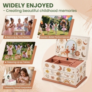 Caja de Música de Madera Rectangular con Manivela, Diseño Floral Boho, Joyería Cálida y Creativa, MDF Ecológico, 120S, Regalo de Cumpleaños para Niños - Product Image 3
