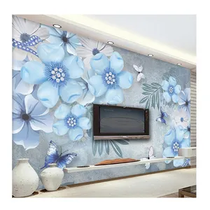 Kertas dinding foto KOMNNI lukisan dinding latar belakang Sofa TV ruang tamu Mural bunga perhiasan Stereo 3D biru cantik gaya Eropa