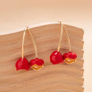 2024 New Cute Cherry Gold Silver Enamel Drop Oil 18K Gold Plated Copper Red Fruit Cherry Pendant Stud Earrings