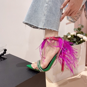 2023 nuova industria pesante vendita calda da donna gladiatore acqua diamante cucito a mano capelli di struzzo tacco alto per l'estate taglia 35-42 - Product Image 2