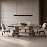 Table à manger de luxe Monica en marbre rouge ovale, sculptée à la main, avec un magnifique lion, base double, pour une décoration haut de gamme du salon