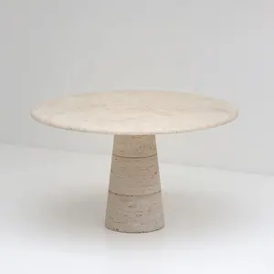 Tavolo da pranzo in stile nordico set per sala da pranzo mobili in pietra beige rotonda di travertino di lusso con tavolo da pranzo rotondo intagliato