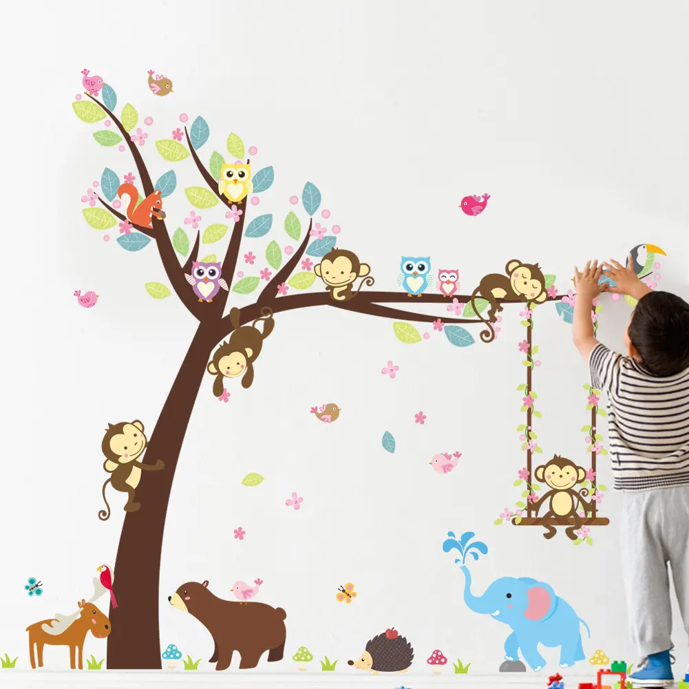 Monkey Bear Horse Tree Forest Animals Cartoon Wall sticker per la camera dei bambini bambini Decor adesivi murali in PVC
