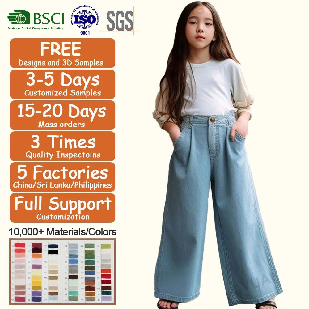 Mode personnalisée Vêtements pour enfants adolescents 2-14 ans en coton jambe large jambe large pantalon en jean taille haute bouton pantalons en jean pour bébés filles