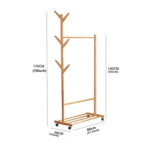 Multifunctional Bamboo Clothing Garment hanger Rack stand with Shoe Shelves