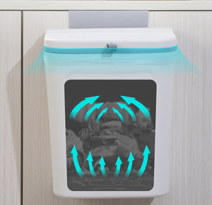 Bote de <span class=keywords><strong>basura</strong></span> de plástico para colgar en la <span class=keywords><strong>puerta</strong></span> del armario de cocina del hogar, papelera colgante creativa de gran capacidad con tapa - Product Image 5