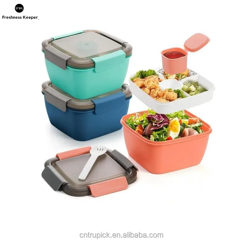 Bento Lunch Box Stackable Lunch Container With Large Salad Dressing Containers